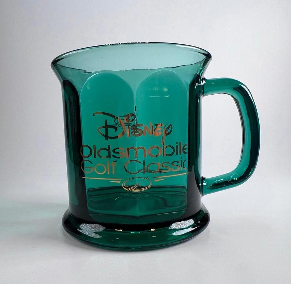 Disney Oldsmobile Golf Classic Green Glass Coffee Mug Gold Minnie Mouse USA